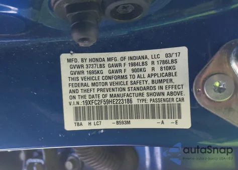 2017 Honda Civic Lx из США, поврежденный, VIN 19XFC2F59HE223186